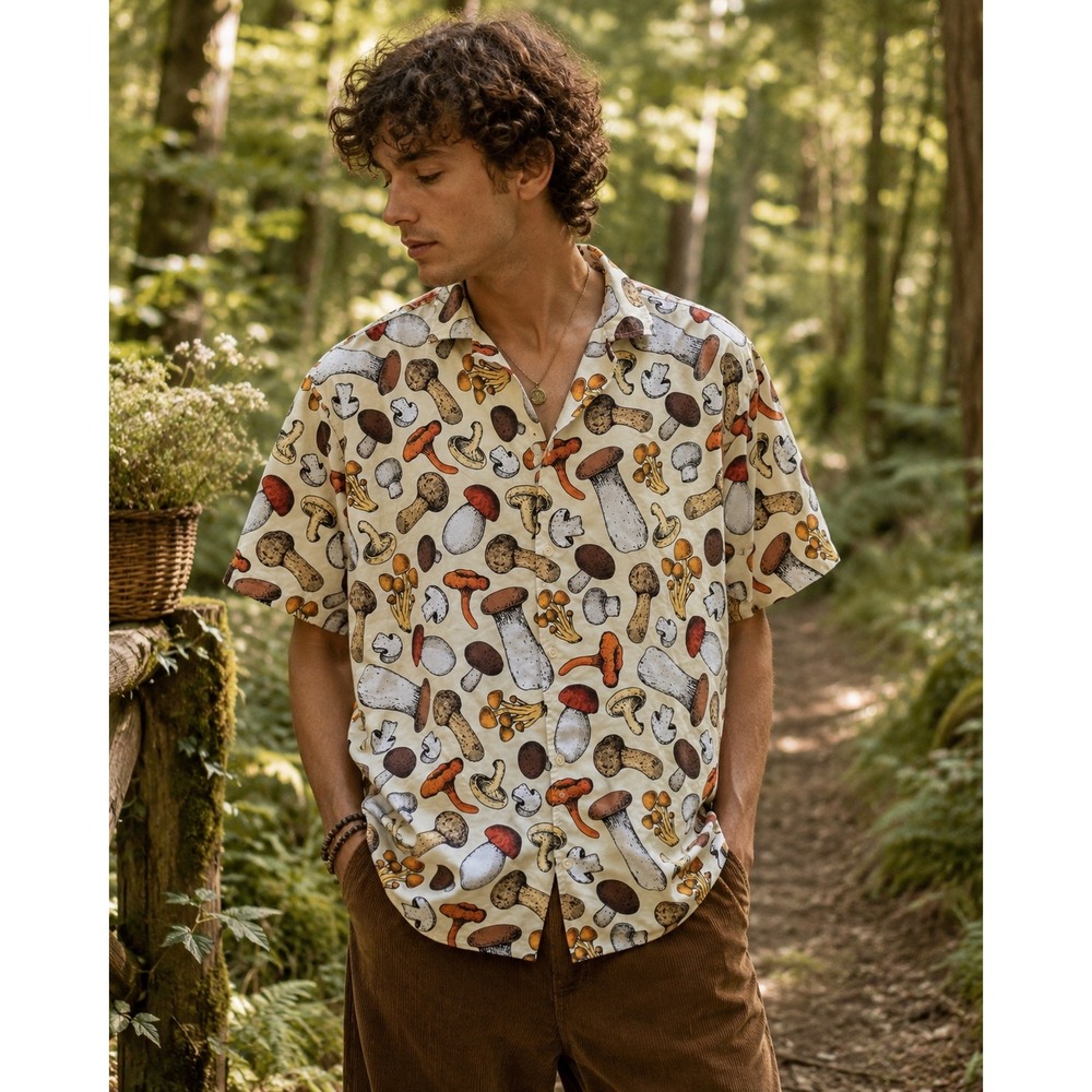 MIKENKO Mushroom Print Camp Collar Button Shirt Men M Cottagecore Forestcore